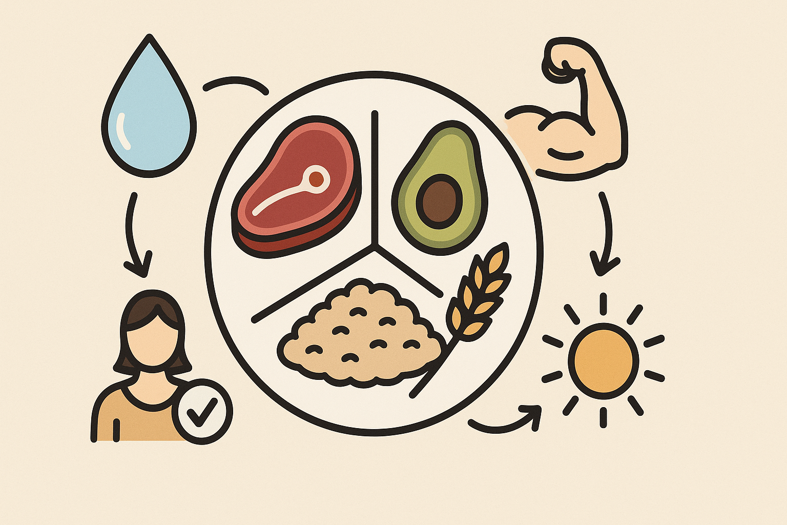 Infographic showing how nutrition supports recovery when you lift heavy, with a plate of protein, carbs, and fats surrounded by icons for hydration, muscle repair, and energy.