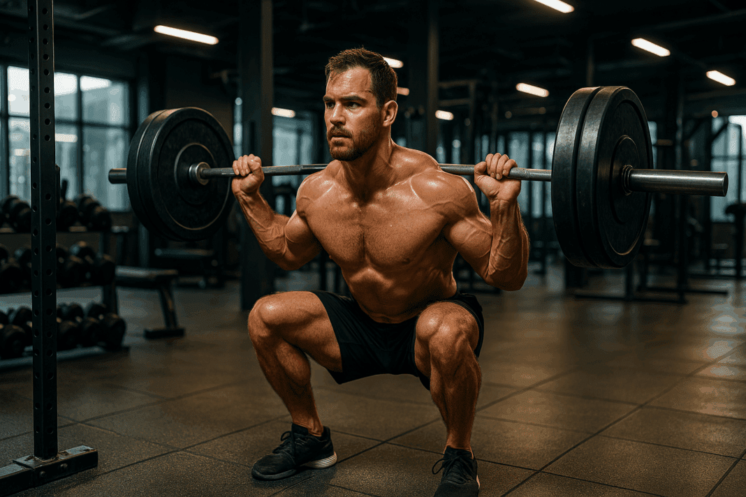 The Ultimate Guide to Building Strength and Power for Every Man Weight Lifting_01 Focused man weight lifting heavy barbell squats in a modern gym, sweat glistening and muscles defined under natural light.