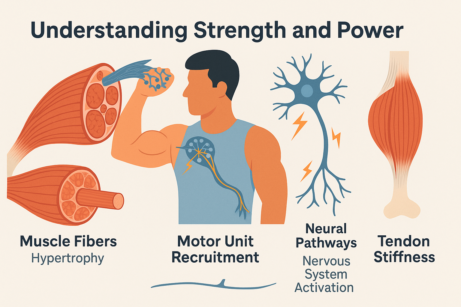 Educational infographic showing physiological components involved in a man weight lifting, including muscle fibers and neural pathways.