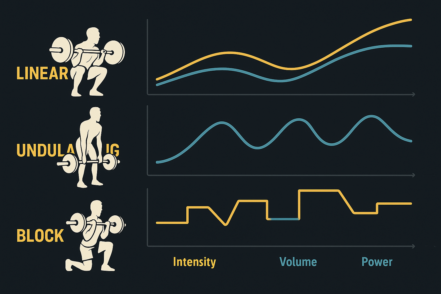 Infographic comparing three training styles with icons of a man weight lifting and intensity-volume curves for linear, undulating, and block periodization.
