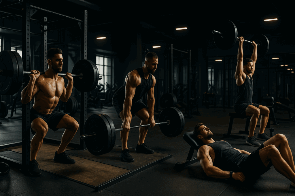 Man weight lifting with proper form in a dark gym while performing squats, deadlifts, bench press, and overhead press.