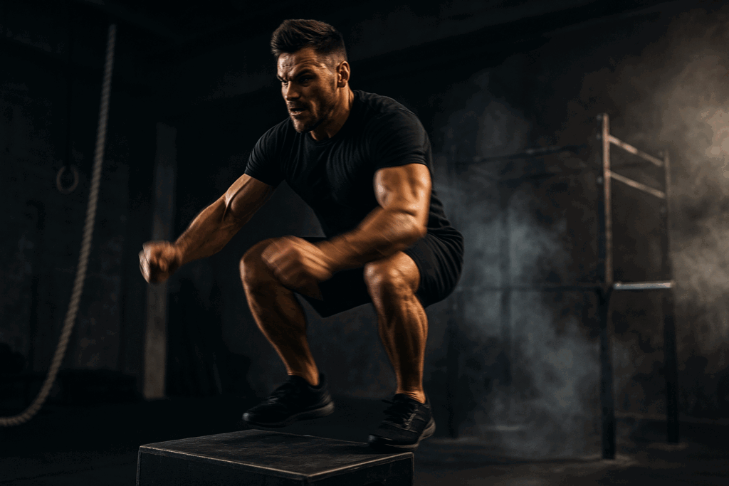 Man weight lifting with an explosive box jump in a gritty gym, showcasing strength, speed, and power training.