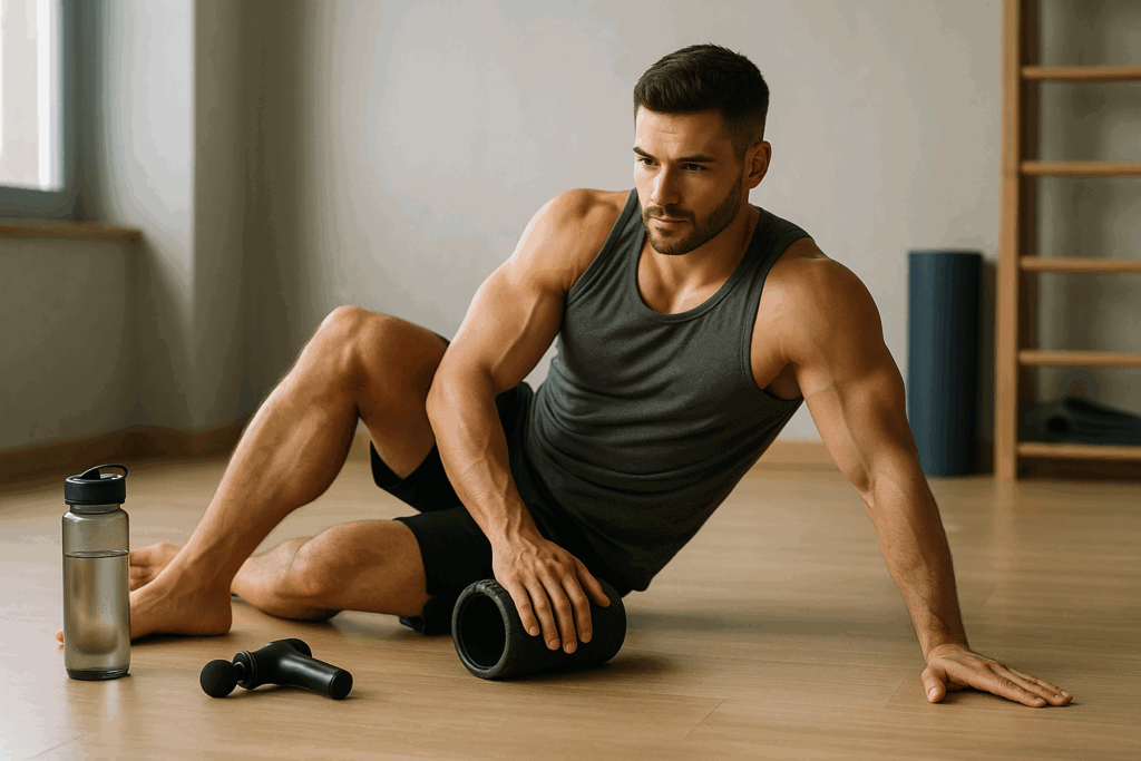 Man weight lifting and foam rolling post-workout in a calm gym setting with water bottle and recovery tools for muscle regeneration.