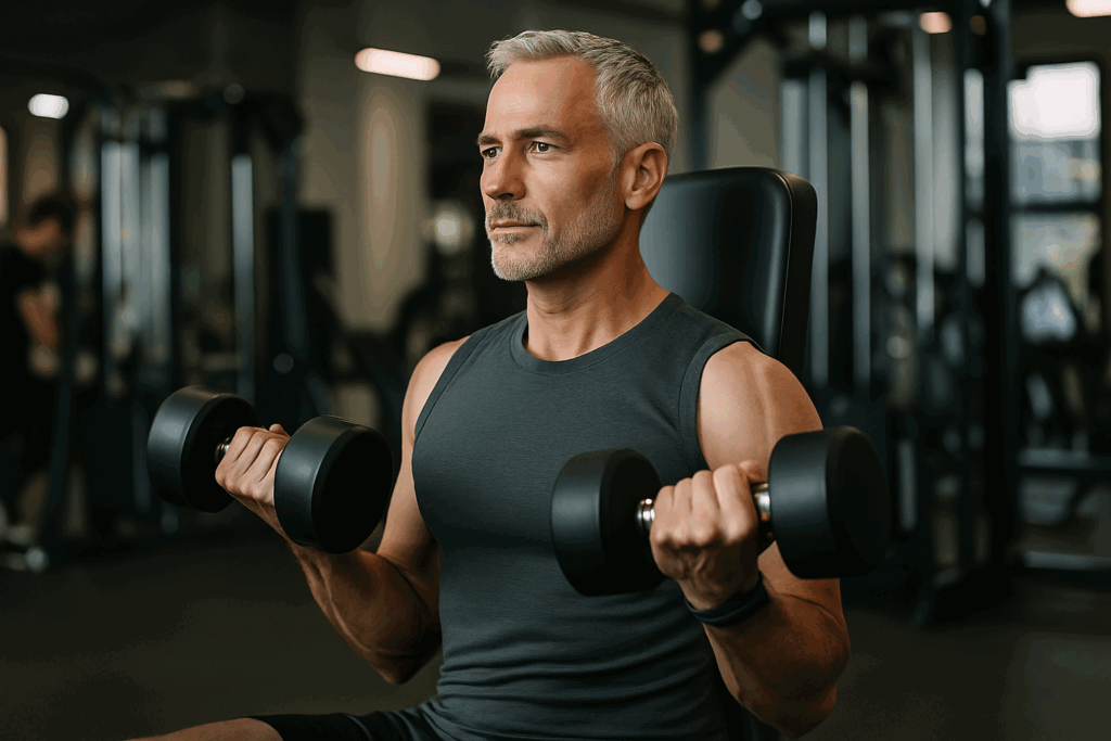Fit older man weight lifting with dumbbells in a gym, demonstrating proper form, strength, and longevity-focused training.