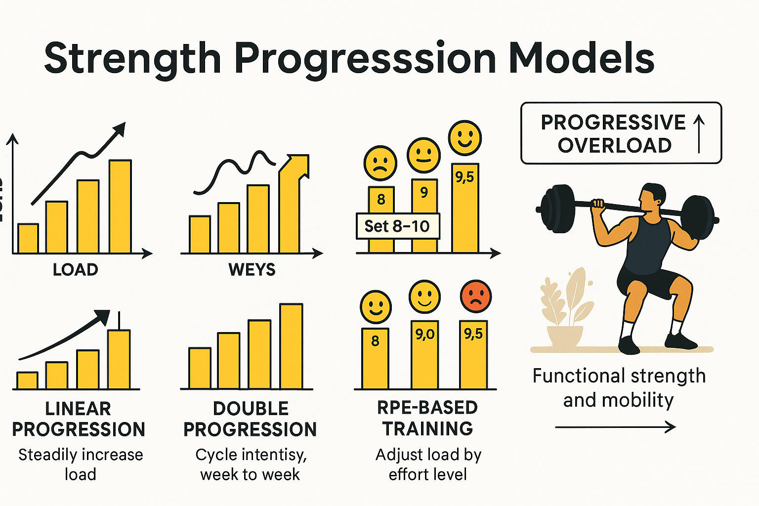 Infographic illustrating strength progression strategies with a man weight lifting and charts for linear, wave, double, and RPE-based training.