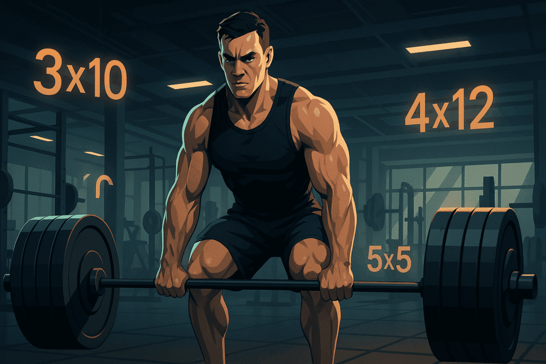 The Ultimate Guide to Building Strength with Proven Rep Ranges for Muscle Growth001 Muscular man deadlifting in a modern gym surrounded by glowing numbers that visualize strength training rep ranges.
