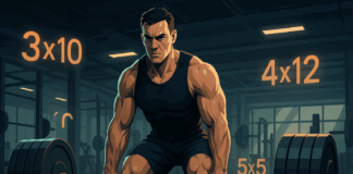 Muscular man deadlifting in a modern gym surrounded by glowing numbers that visualize strength training rep ranges.