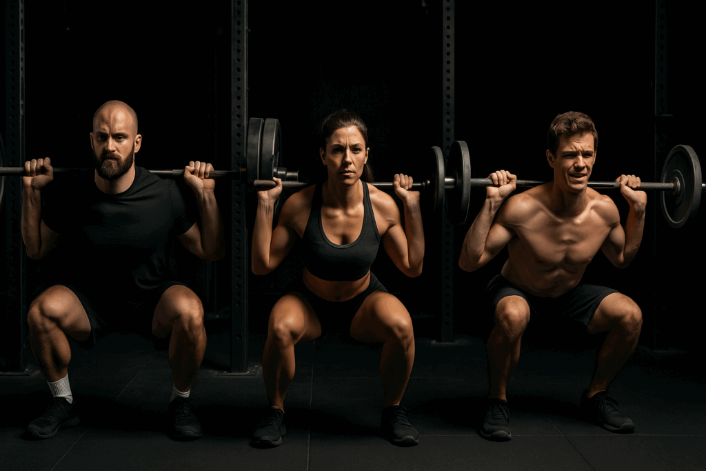 Three athletes performing barbell squats at different rep ranges—heavy, moderate, and light intensity—in a dimly lit gym.