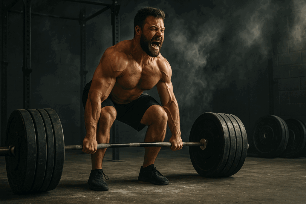 Powerlifter straining to deadlift heavy barbell in a gritty gym, illustrating low-rep training for optimal rep ranges