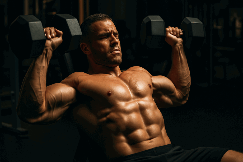 Muscular man performing dumbbell presses in a gym, highlighting chest and shoulders under tension, demonstrating ideal rep ranges.