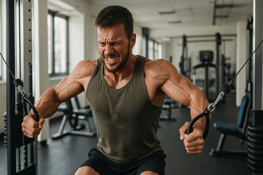 Man performing high-rep cable flys in a modern gym, highlighting muscle endurance and hypertrophy for varied rep ranges.