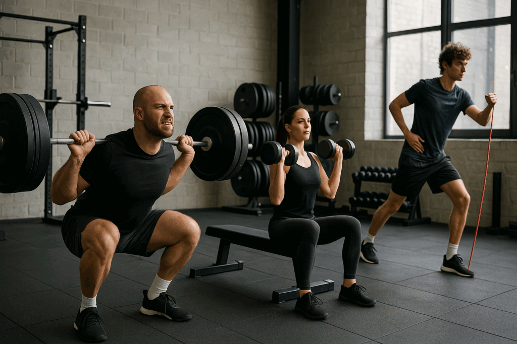 Three people demonstrating different rep ranges in a gym: heavy squats, moderate dumbbell presses, and resistance band training.