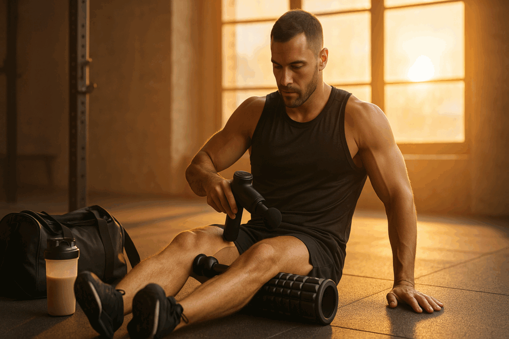 Muscular man using a massage gun after workout recovery, emphasizing rest, adaptation, and optimized rep ranges.