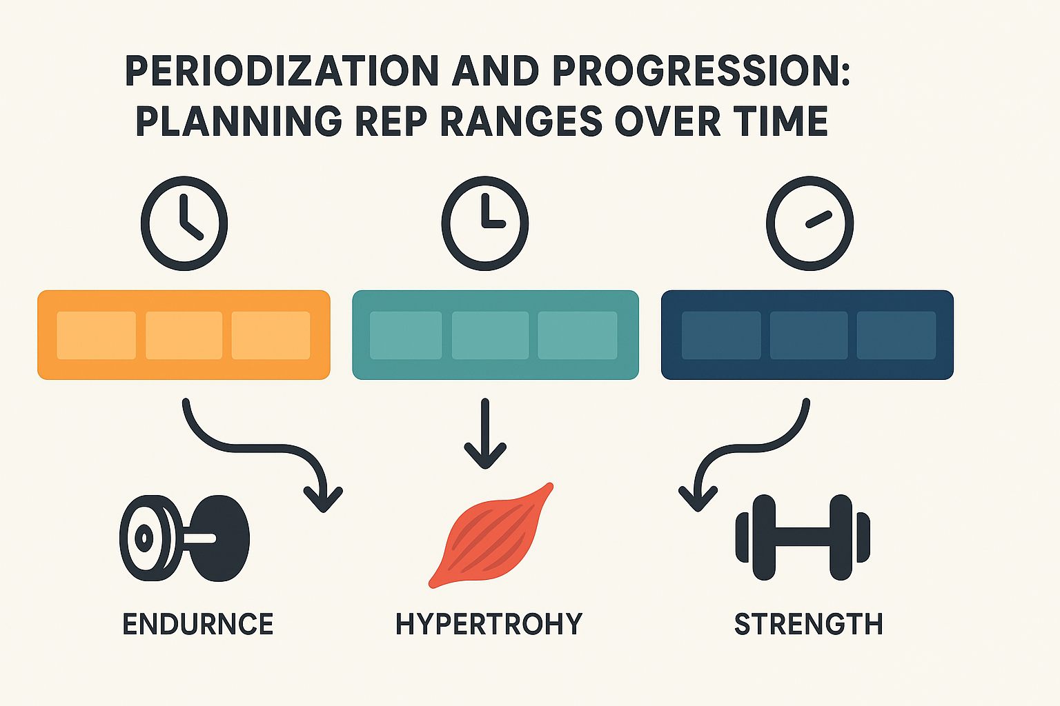 Color-coded infographic illustrating a 12-week strength training cycle with phased progression in rep ranges from endurance to hypertrophy to strength