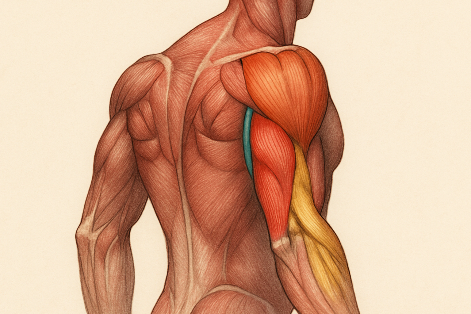 Anatomical illustration of a human arm showing all three triceps heads—long, lateral, and medial—highlighted in color to visualize muscle structure and support optimal tricep volume per week planning.