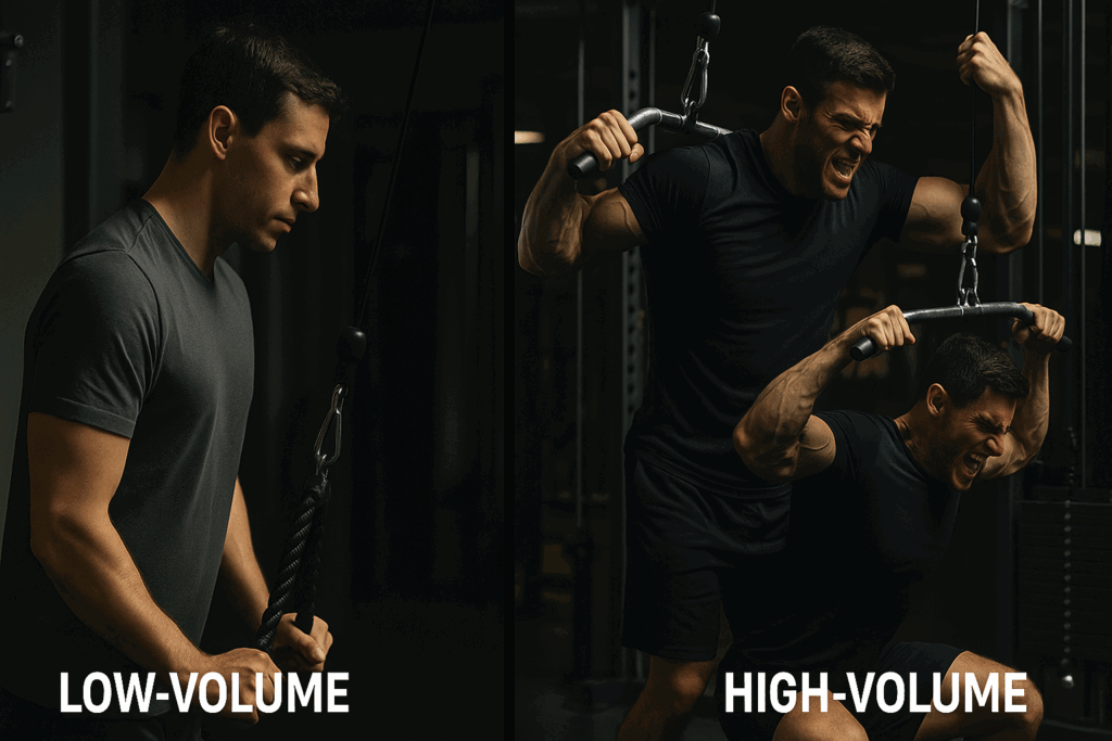 Side-by-side comparison of low vs high tricep volume per week with one person doing minimal effort tricep pushdowns and another performing intense varied tricep exercises in a gym.