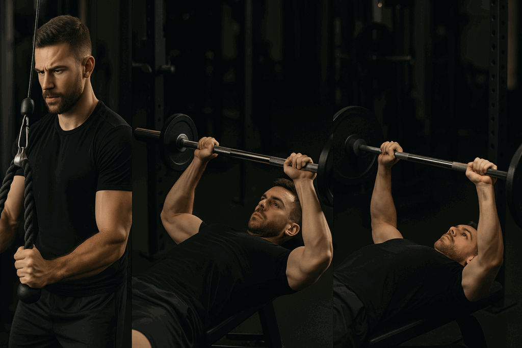 Athlete performing rope pushdowns, skull crushers, and close-grip bench presses in a gym to target tricep volume per week