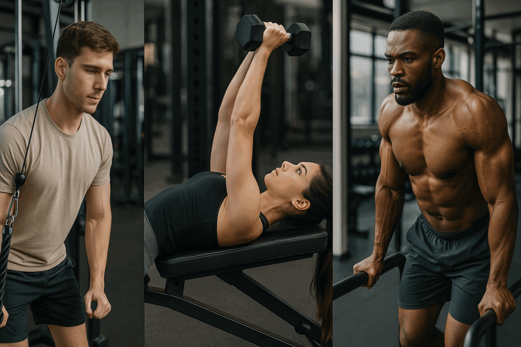 Athletes at beginner, intermediate, and advanced levels performing tricep exercises with cables, dumbbells, and dips to illustrate optimal tricep volume per week.