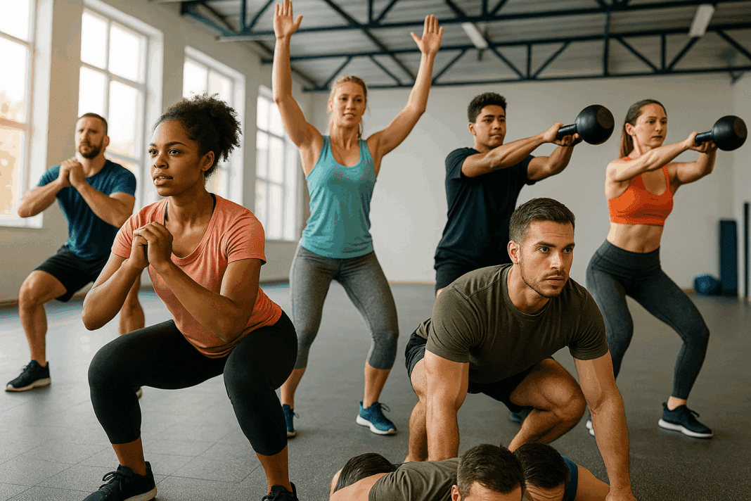The Ultimate Guide to Crushing Your Fitness Goals with Powerful Monthly Workout Challenges_01 Diverse group of people doing squats, pushups, jumping jacks, and kettlebell swings in a gym during monthly workout challenges.