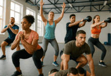 The Ultimate Guide to Crushing Your Fitness Goals with Powerful Monthly Workout Challenges Diverse group of people doing squats, pushups, jumping jacks, and kettlebell swings in a gym during monthly workout challenges.