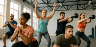 Diverse group of people doing squats, pushups, jumping jacks, and kettlebell swings in a gym during monthly workout challenges.