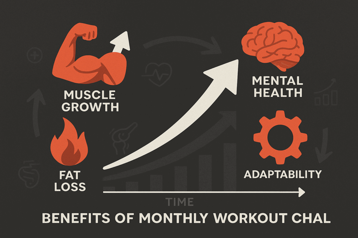 Infographic showing benefits of monthly workout challenges with icons for muscle growth, fat loss, mental health, and adaptability over time.