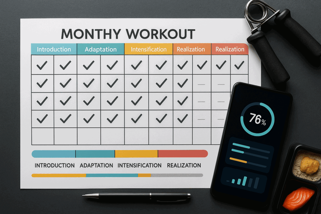 Monthly workout challenges visualized on a progress calendar with check marks, fitness app tracker, and training phase breakdown.
