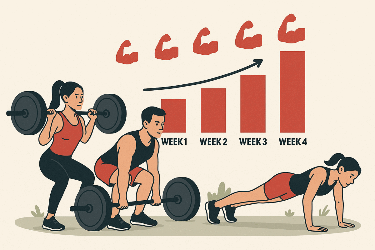 Male and female athletes performing barbell squats, deadlifts, and push-ups in a visual guide illustrating monthly workout challenges with weekly strength progression.