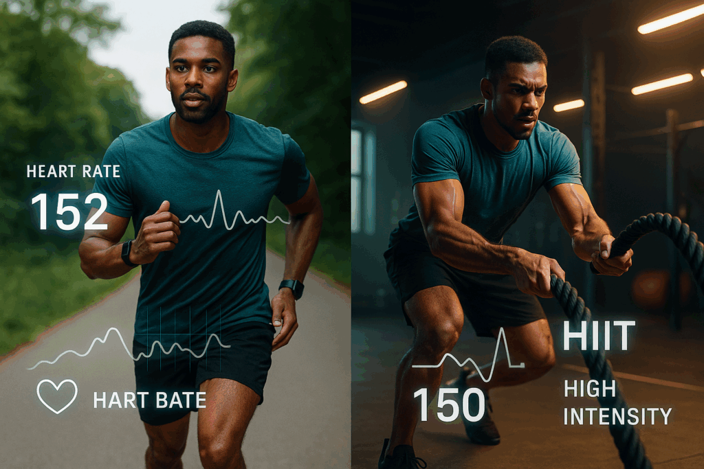 Split-screen of a man doing steady-state jogging and high-intensity battle ropes, symbolizing monthly workout challenges for fat loss.