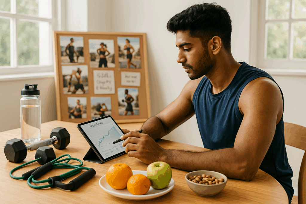 Man tracking fitness progress on tablet with workout gear, snacks, and a vision board, representing motivation for monthly workout challenges.