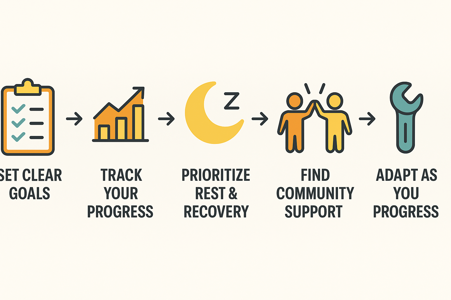 Infographic showing five success tips for monthly workout challenges with icons for goals, tracking, rest, community, and adaptation.