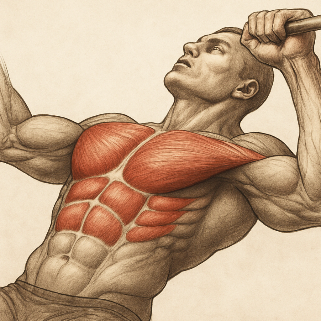 Muscular male torso showing upper, middle, and lower pectorals during a press to illustrate how many chest exercises per workout target each region