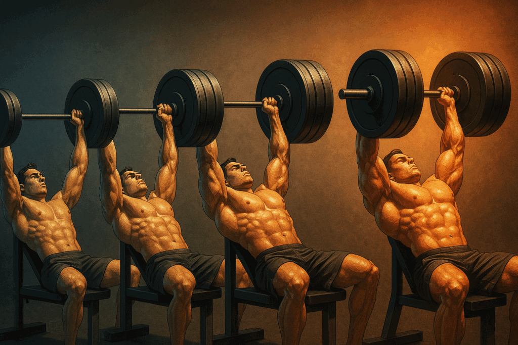 Progressive bench press sequence showing muscular growth and volume intensity, illustrating how many chest exercises per workout support hypertrophy.