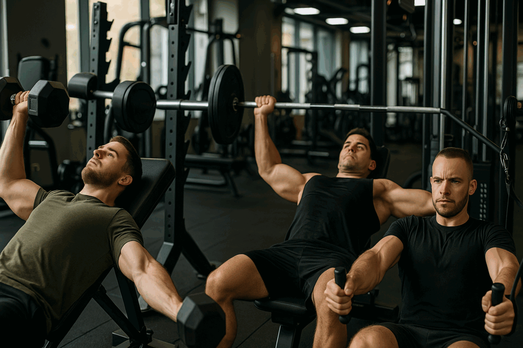 Three men performing different chest exercises—incline dumbbell press, flat bench press, and cable fly—highlighting how many chest exercises per workout target various muscle angles.
