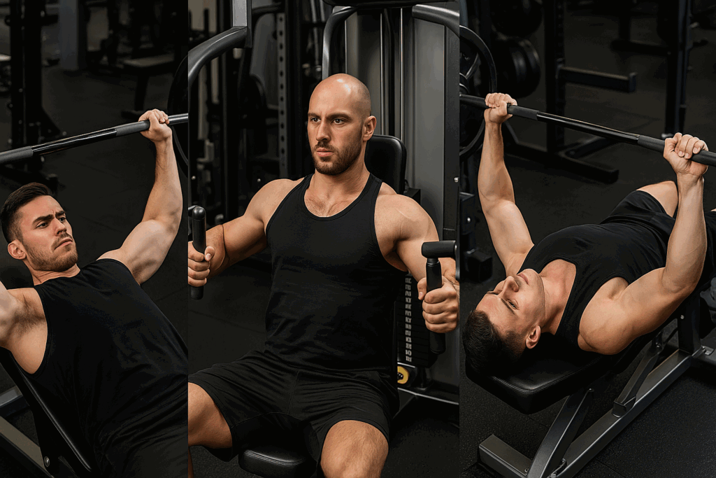 Three male athletes demonstrating how many chest exercises per workout to include, performing bench press, pec deck fly, and decline press in a gym montage.