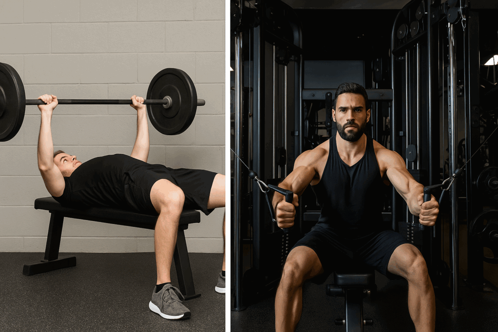 Split-scene gym photo showing how many chest exercises per workout differ for beginners and advanced lifters