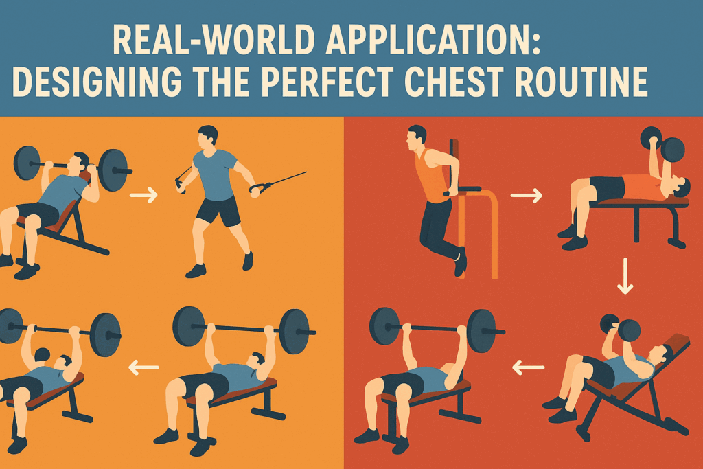 Infographic showing how many chest exercises per workout by visually comparing two routines targeting upper and lower chest muscles.