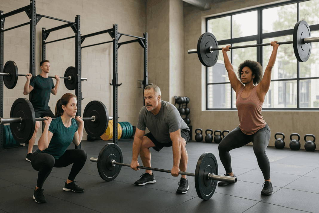 The Ultimate Guide to Powerful Muscle Gains with Weight Lifting Near Me001 Diverse group of men and women performing squats, deadlifts, and overhead presses in a bright gym showcasing weight lifting near me.