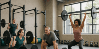 The Ultimate Guide to Powerful Muscle Gains with Weight Lifting Near Me Diverse group of men and women performing squats, deadlifts, and overhead presses in a bright gym showcasing weight lifting near me.