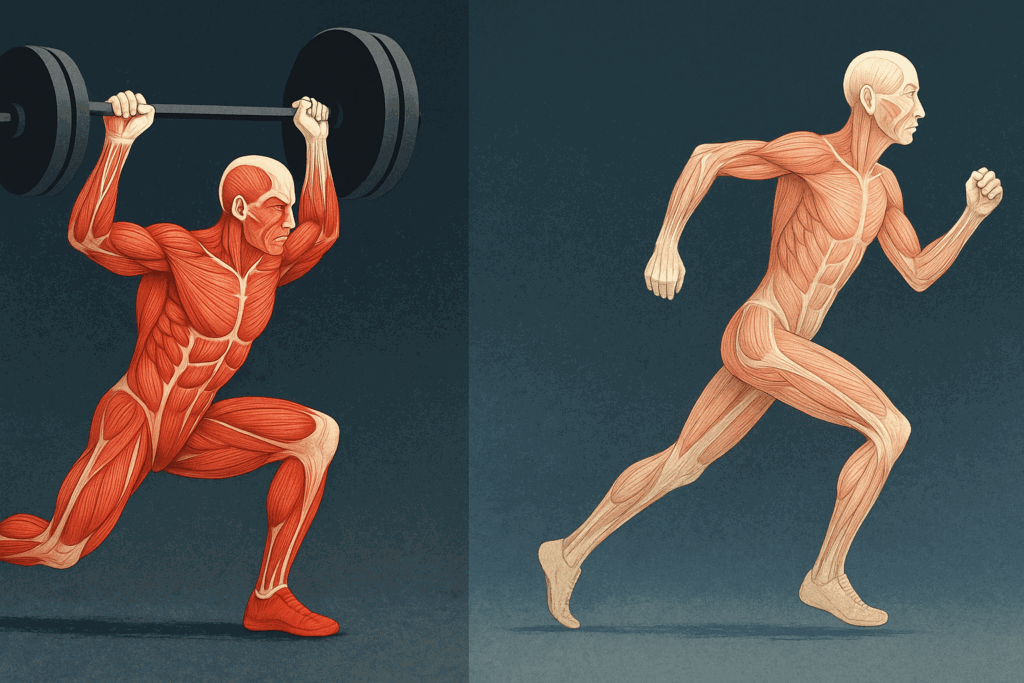 Side-by-side muscle anatomy showing fast-twitch fibers in weight lifting near me and slow-twitch fibers during endurance running