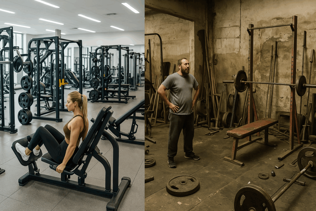 Split-screen view of two gyms, contrasting a modern, well-equipped facility with coaching staff and an outdated, cluttered space—ideal for comparing options for weight lifting near me.