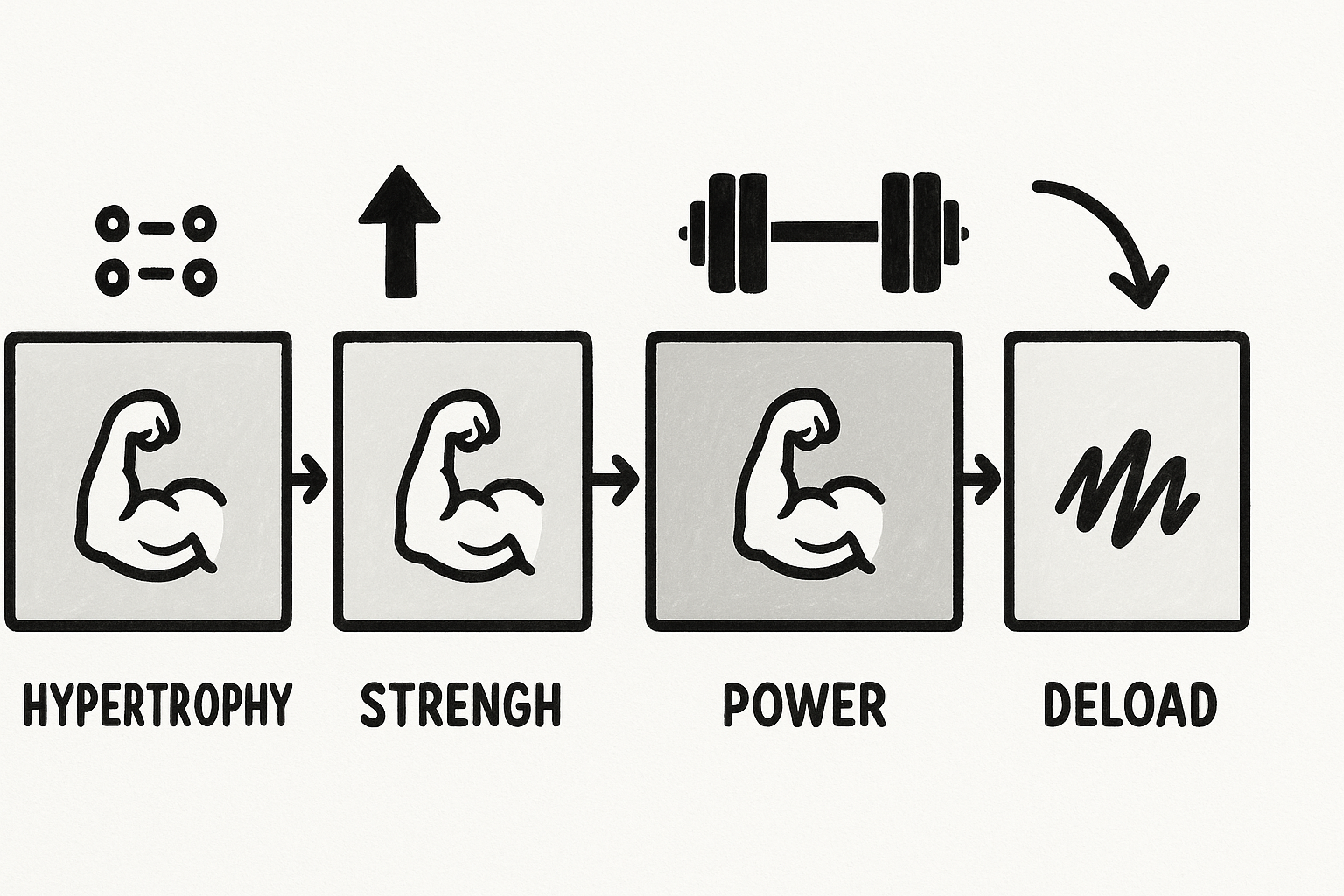 Periodized training chart showing four workout phases—hypertrophy, strength, power, and deload—at a weight lifting near me gym