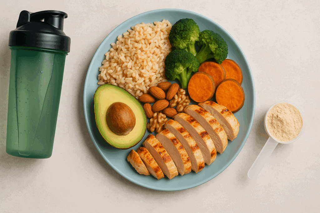 Balanced muscle-building meal with chicken, rice, avocado, and protein scoop beside a shaker bottle, ideal for post-workout recovery after weight lifting near me.