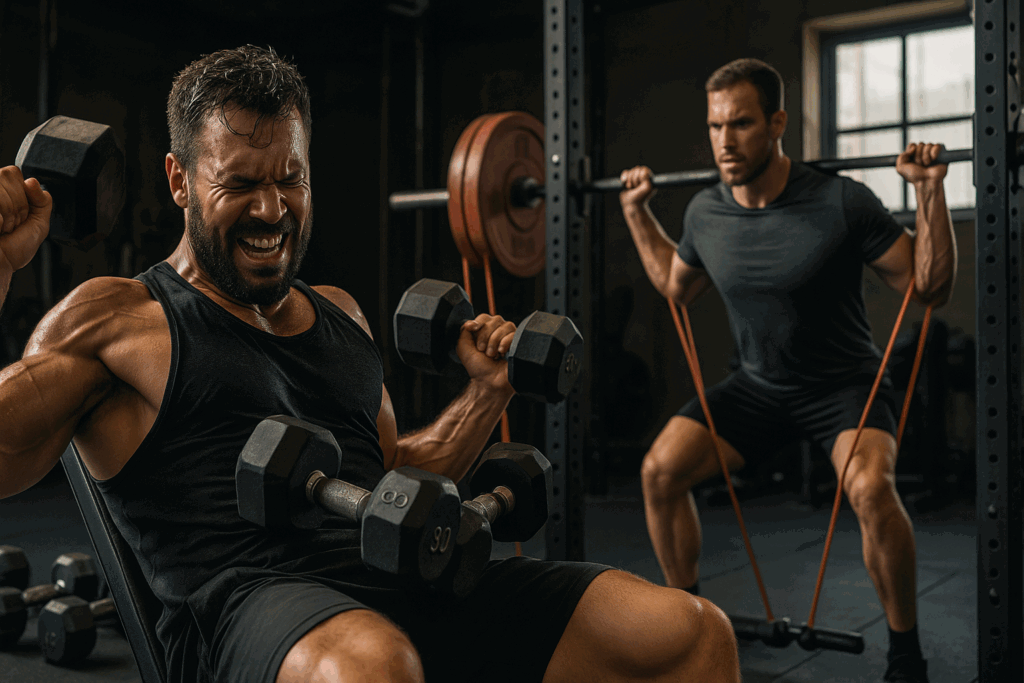 Two men weight lifting near me in a hardcore gym—one performing intense drop sets with dumbbells, the other using resistance bands on a squat bar