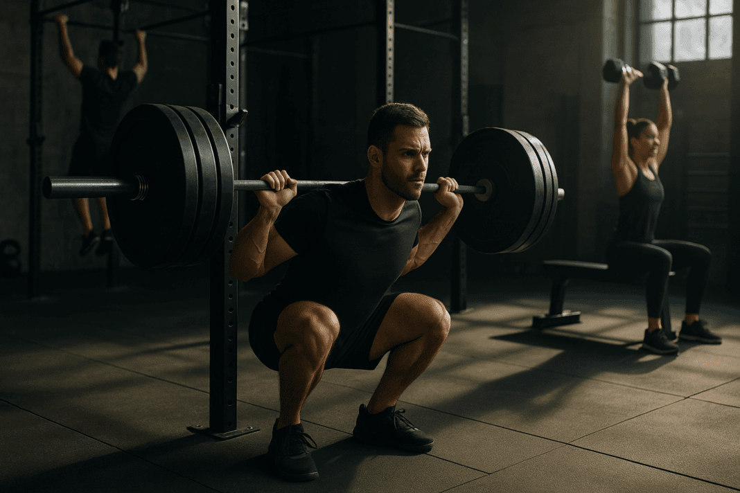Man performing heavy barbell squat in a high-energy gym during a 4 day split workout, with others doing pull-ups and dumbbell presses in the background.