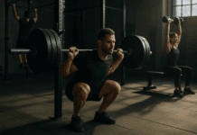 The Ultimate Guide to Powerful Muscle Gains with a 4 Day Split Man performing heavy barbell squat in a high-energy gym during a 4 day split workout, with others doing pull-ups and dumbbell presses in the background.
