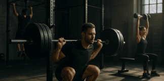 Man performing heavy barbell squat in a high-energy gym during a 4 day split workout, with others doing pull-ups and dumbbell presses in the background.