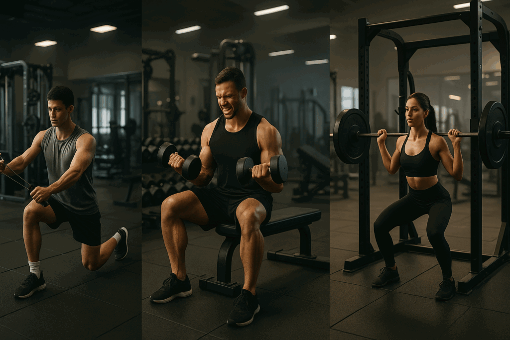 Three gym-goers demonstrate full-body training, 5-day isolation, and a 4 day split with compound lifts in a structured workout comparison.