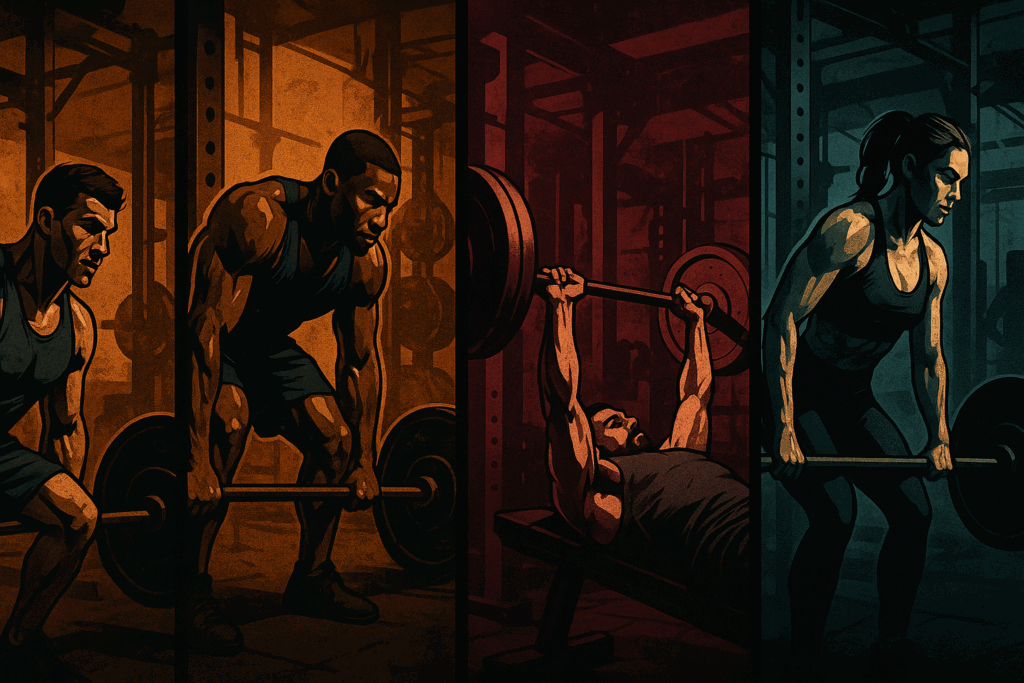 Four athletes mid-lift demonstrating a 4 day split workout: upper, lower, push, and pull training focus in a gym setting