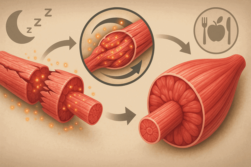 Muscle fiber recovery illustration showing microscopic repair and growth supported by sleep and nutrition, visualizing the 4 day split recovery cycle.